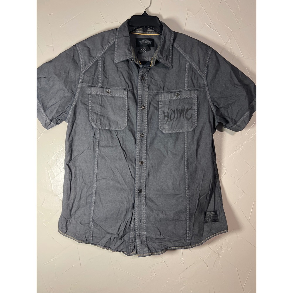 Harley Davidson Shirt Mens XL Grey Good Short Sleeve Biker Graphic Button Up